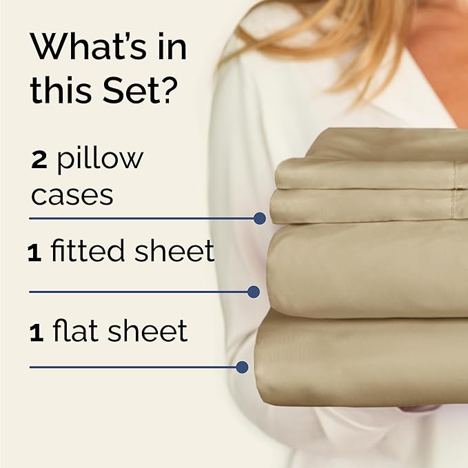 Twin 4 Piece Sheet Set - Cooling, Comfy & Breathable - Hotel Luxury Bedding, Includes Fitted Sheet for Women, Men, Kids and Teens - 1 Flat, 1 Fitted Sheet, 2 Pillowcases with Deep Pockets - Beige