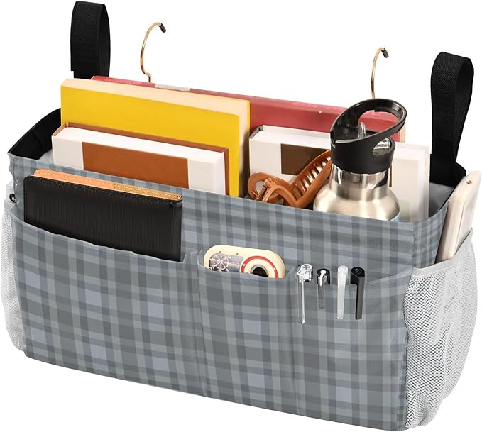 Bedside Caddy Hanging Bunk Bed Caddy Bed Organizer Hanging Pocket with 2 Hooks Bedside Storage Organizer Pocket Bag Holder Grey Plaid