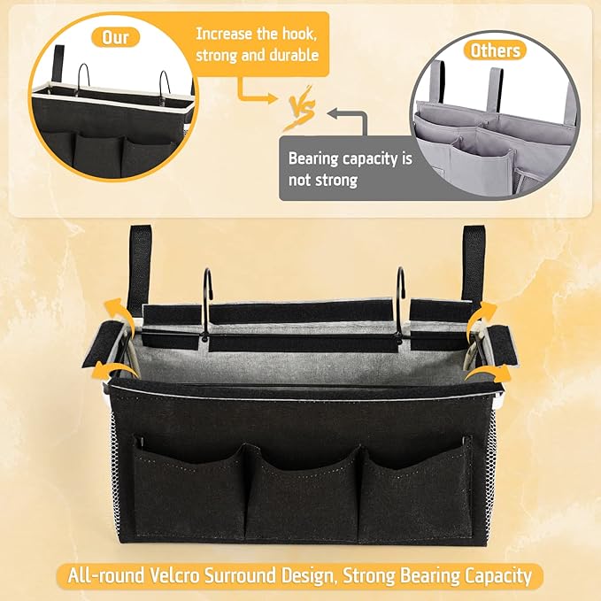 Lilithye Bedside Caddy Bedside Organizer Bedside Storage Caddy with Fixed Straps and Water Bottle Holder for Home College Dorm Bunk Bed Hospital Bed Crib Bed Rails (2pcs Black)