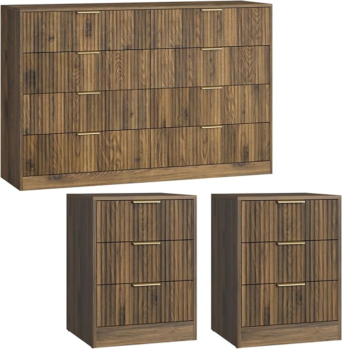 8 Drawer Dresser & 3 Drawer Nightstand Set 3-Piece, Tall Fluted Dresser and Night Stand Set of 2 with Metal Handle, Modern Wood Chest of Drawers Storage Dressers Set for Bedroom, Walnut