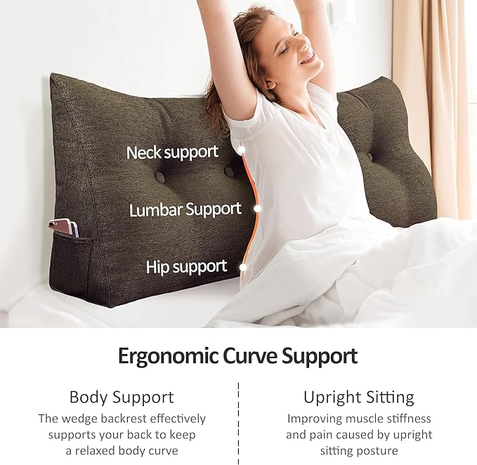 homecozy Wedge Headboard Pillow Dorm Room Reading Pillow Back Support for Sitting Up in Bed Bolster Lumbar Cushion Body Positioning Bedrest Cotton Linen 59in Coffee Queen