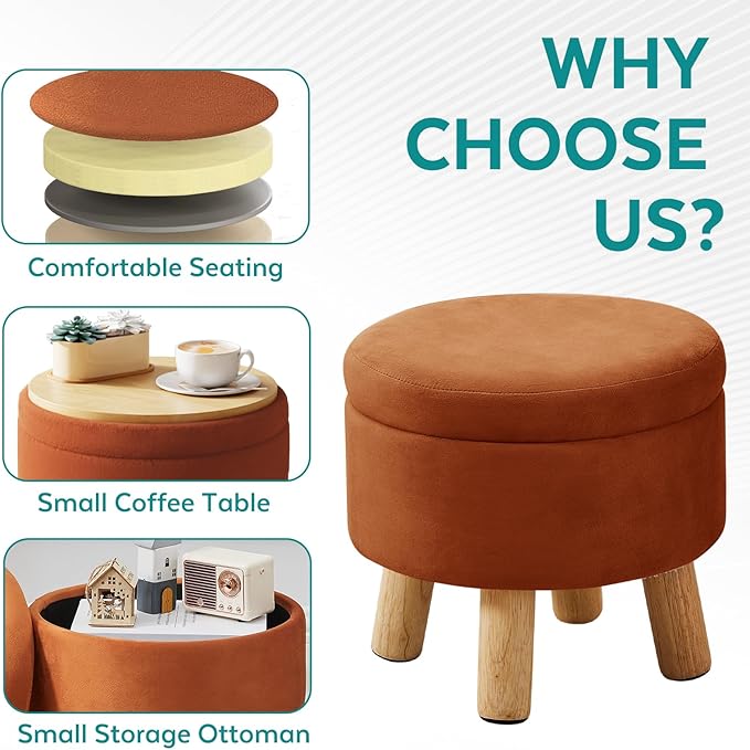 FIMIVIBI Small Foot Stool Ottoman with Storage, Velvet Ottoman Foot Rest for Couch, Round Footstool with Storage, Small Ottomans and Footstools for Living Room and Entryway (Orange)