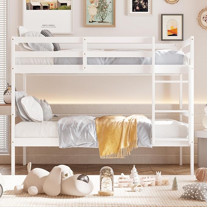 Giantex Bunk Bed Twin Over Twin White, Solid Wood Bunk Bed with Sturdy Ladder & 12 Inch Safety Guard Rails, Twin Size Wood Bed Frame for Dormitory, No Box Spring Needed, Bunk Beds for Kids Teens