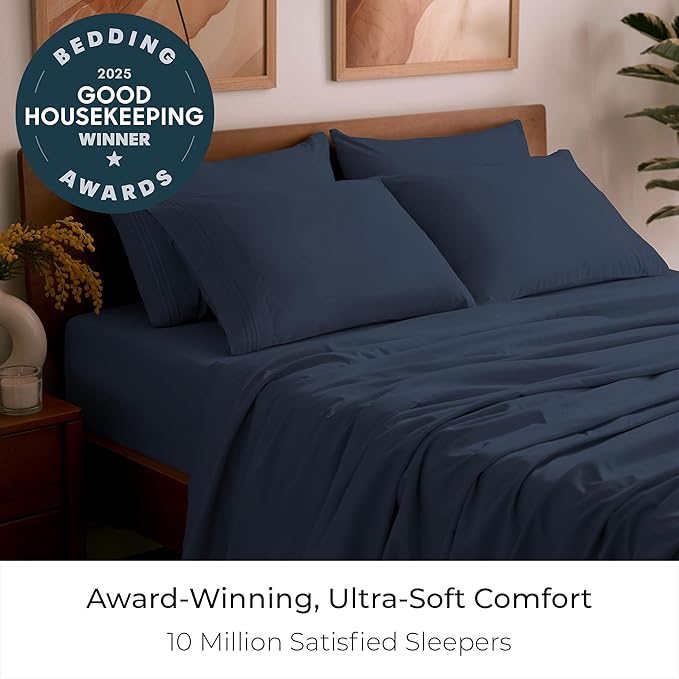 Mellanni Split King Sheet Set - 7-Piece Iconic Collection Bedding, (Including 4 Pillowcases), 16-Inch Deep Pocket, Easy Care, Extra Soft, Cooling Sheets, Brushed Microfiber - Navy Blue