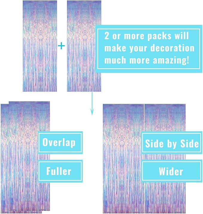 GOER 3.2 ft x 6.5 ft Metallic Tinsel Foil Fringe Curtains Party Photo Backdrop Party Streamers for Mermaid Birthday Party Decorations(2 Packs,Iridescent)