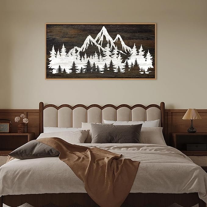 LHIUEM Large Mountain Tree Framed Canvas Wall Art,Modern White Forest Art Prints,Abstract Country Woodcut Wood Wall Decor,Farmhouse Zen Artwork for Living Room Bedroom Office-20''x40''