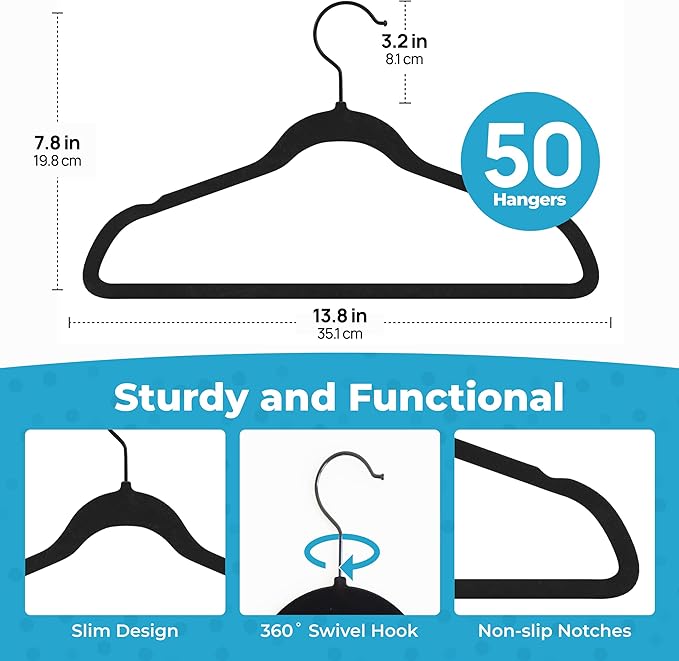 Fontaines Luxury Kid's Black Velvet Felt Non Slip Clothes Hangers 50 Pack - Ultra Slim & Space Saving - Heavy Duty Swivel Black Hook for Children's Clothing, Shirt, Dress, Skirt & Pants Organization