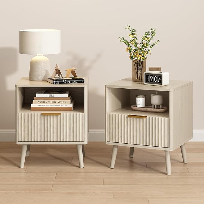 CARPETNAL Fluted Nightstand Set of 2, Beige Bedside Table with Drawer and Storage Shelf, Wood End Table Mid Century Night Stands for Bedroom Living Room