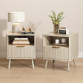 CARPETNAL Fluted Nightstand Set of 2, Beige Bedside Table with Drawer and Storage Shelf, Wood End Table Mid Century Night Stands for Bedroom Living Room
