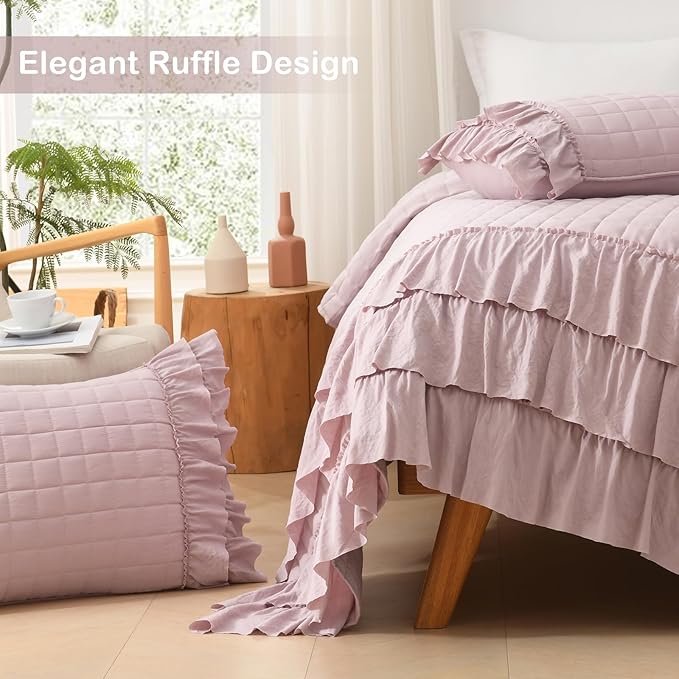 HORIMOTE HOME Dusty Pink Ruffled Quilt Set Twin Size, Classic Geometric Square Stitched Pattern, Pre-Washed Farmhouse Shabby Chic Microfiber Lightweight Bedding Set Bedspread Coverlet for All Season