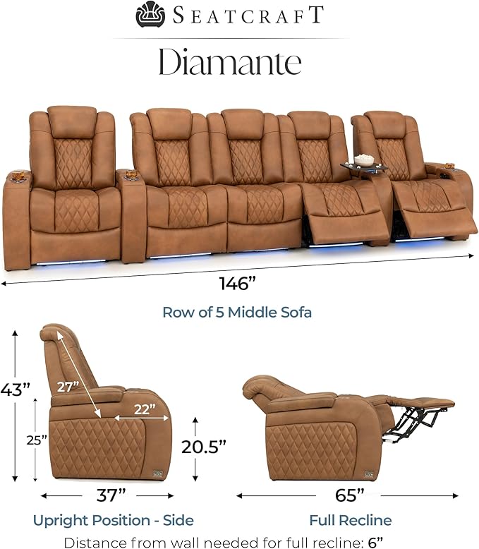 Seatcraft Diamante Zero-Gravity CoolZero Italian Leather Home Theater Seating, Power Headrest, Power Recline, Row of 5 Middle Sofa, Tawny