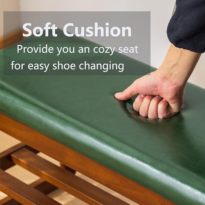 Solid Wood Shoe Bench, 2-Tier Entryway Bench with Cushion and Flip-Open Storage Box, Mid-Century Modern Shoe Bench Rack for Hallway, Mudroom(Green, 39.4'')
