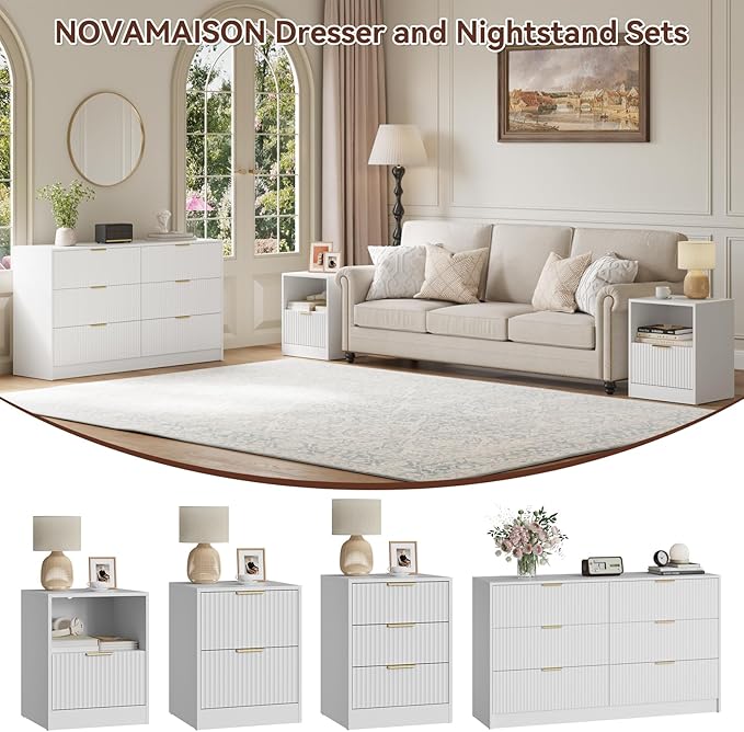 6 Drawer Dresser & Nightstand Set 3-Piece, 55” Wide Bedroom Set Night Stand Set of 2 with Metal Handle, Fluted Modern Wood Chest of Drawers Storage Dressers Set for Bedroom, White
