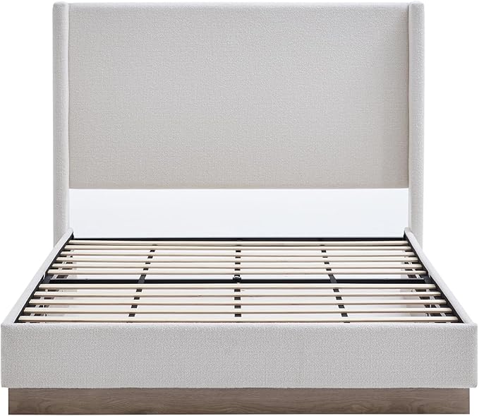 Full Size Upholstered Platform Bed Frame, 52.5" Tall Headboard Hosford Wingback Bedframes, Wood Base Floor Beds, No Box Spring Needed, No Noise, Minimalist, Cream White Boucle