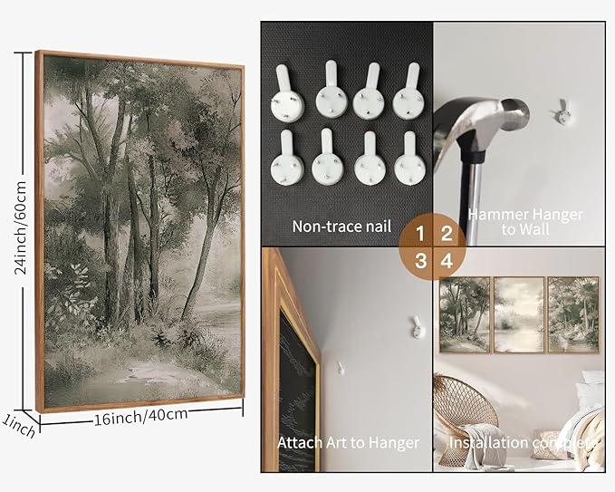 Yeehomedec Vintage Nature Landscape Framed Canvas Wall Art Set, Rustic Misty Forest Sketch Wall Decor, Neutral Wooden Trees Art Print, Retro Foggy Scenery Artwork for Living Room Bedroom Office 16"x24"x3
