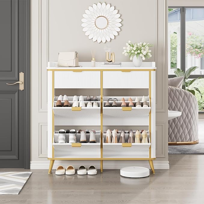 Fluted Shoe Cabinet Storage, Modern Slim Shoe Organizer Cabinet with 4 Flip Drawers & 2 Drawers, Wooden Freestanding Shoe Rack Cabinets for Entryway, Foyer, Hallway, White