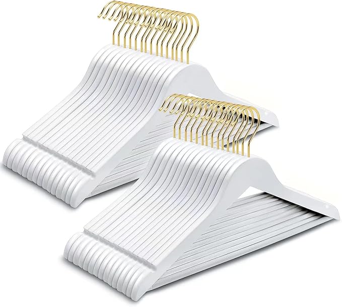 Amber Home 30 Pack Solid Wood Suit Coat Hangers, Smooth White Finish Wooden Dress Hangers with Non Slip Pant Bar, Clothes Hangers with Gold Hook & Notches for Jacket, Pant, Shirt (White+Gold, 30)
