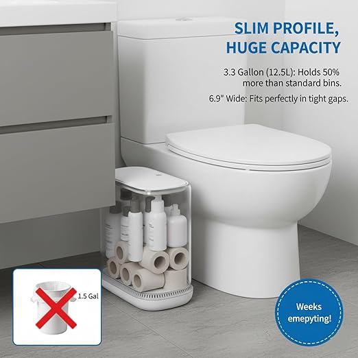 MOPALL Dog Proof Trash Can with Lid, 3.3 Gallon Slim Bathroom Garbage Bin with Inner Bucket, Fits Standard 4 Gallon Bags, Odor Sealing Diaper Pail for Nursery, Modern White Waste Basket, 6.9" Wide
