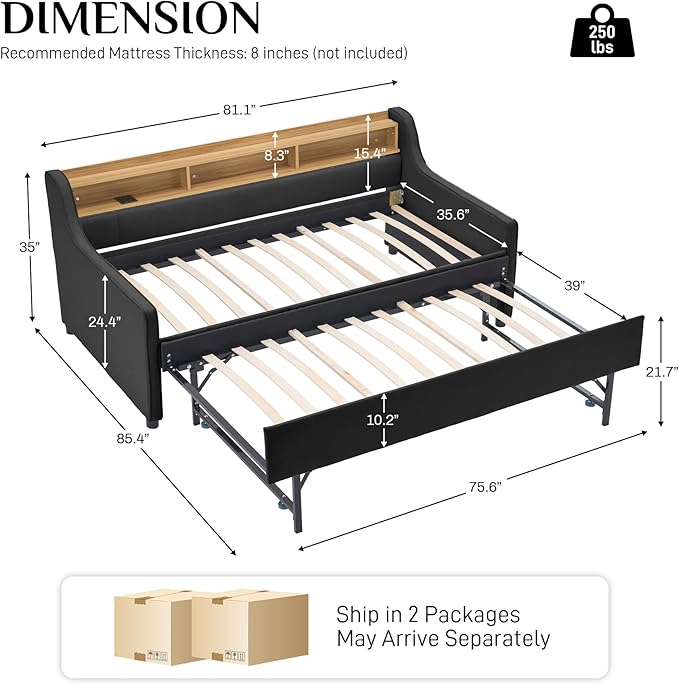 Twin Size Daybed with Pop Up Trundle Bed, Linen Fabric Upholstered Day Bed Frame with w/LED/USB/Type C/Storage Headboard, Twin to King Daybed for Living Room Bedroom, No Box Spring Needed, Black