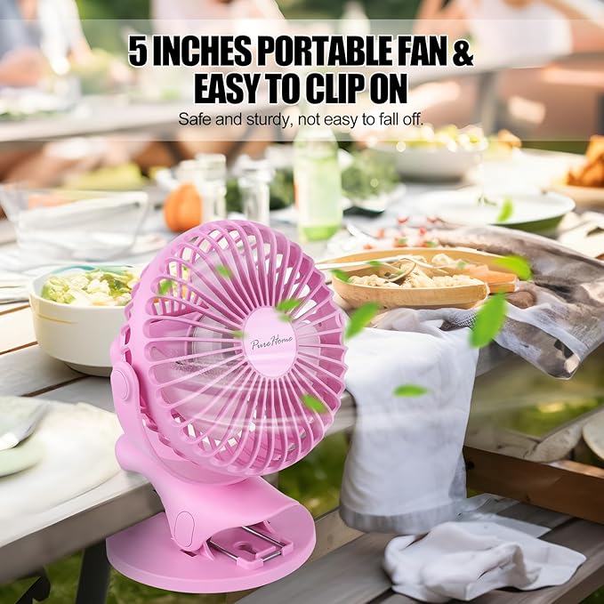 PureHome Portable Clip Fan Battery Operated,3 Speeds USB Rechargeable Mini Table Fan with Strong Airflow,360°Rotation Ultra Quiet Personal Desk Fan for Home Office Bedroom Dorm Stroller Camping- Pink
