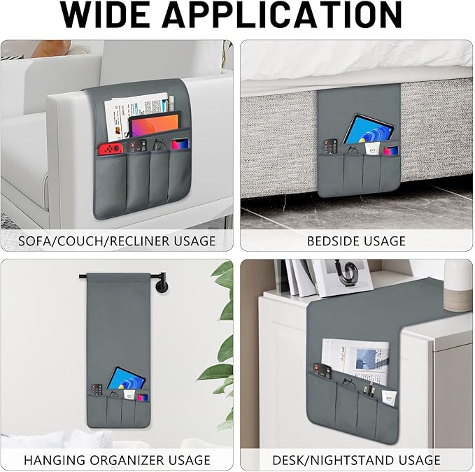 WETRBWEH TV Remote Control Holder Couch Caddy, Non-slip Bedside Caddy Organizer with 5 Pockets for Key Glasses Phone Magazine Holders (Gray, 35"x12.4")