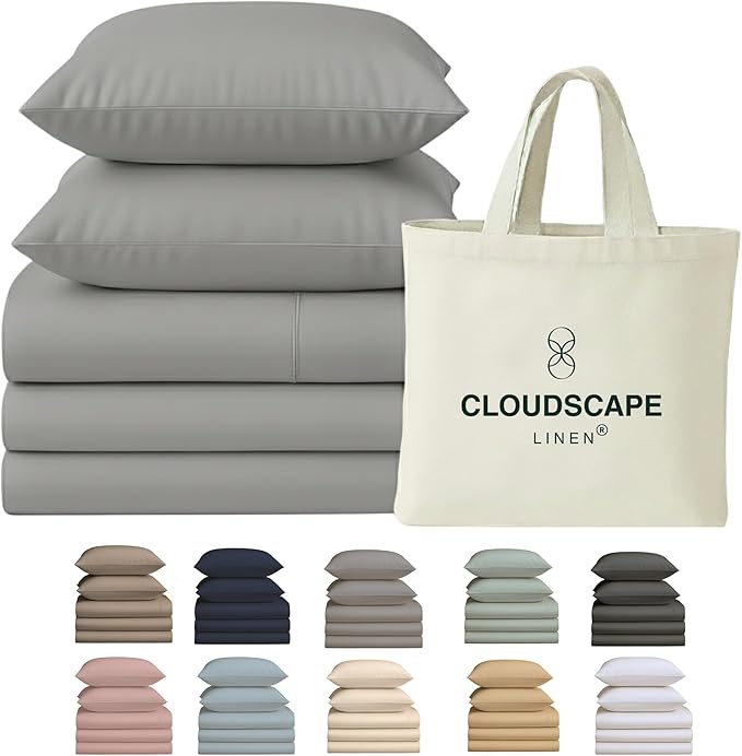 Cloud Scape Linen 100% Egyptian Cotton Split King Sheet Set for Adjustable Bed,400 Thread Count, 5 Pcs Bedding Set, Soft, Breathable and Durable, Deep Pockets up to 17, Light Grey