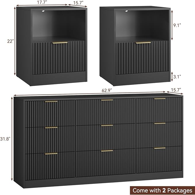 3-Piece Fluted Black Dresser and Nightstand Set, 63” Wide Bedroom Dresser Set Night Stand Set of 2 with Metal Handle, Modern Wood Chest of Drawers Storage Dressers Set for Bedroom, Black