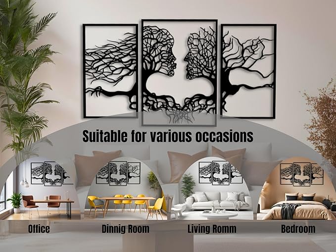 VAILLA Tree of Life Wall Wooden Art Abstract Tree Man Woman Face Large 3D Wooden Wall Decor Set of 3 Hanging Sculpture Modern Home Decoration 3D Textured Sculptures for Living Room Bedroom Office Dinnig Room