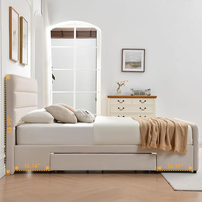 VELOCAVA Full Size Upholstered Platform Bed Frame with Storage Drawers, Tall Headboard and Footboard, Modern Fabric Bed with Slatted Support, No Box Spring Needed, Space-Saving Design for Bedroom