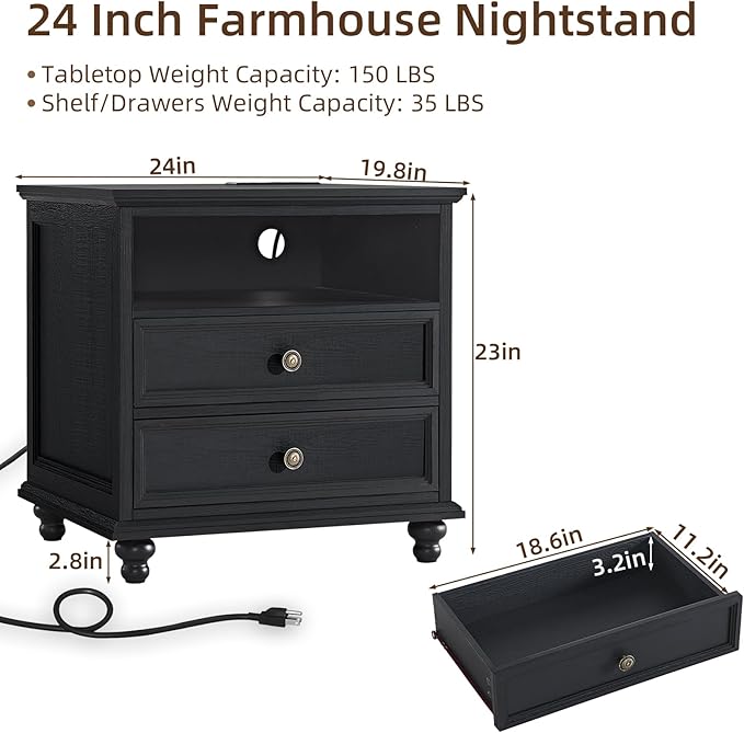 24" Wide Farmhouse Nightstand Set of 2 with Charging Station,End Table with 2 Drawers,Black Wood Dresser for Bedroom Cabinet, Bed Side Table Chest of Drawers, Night Stand for Living Room