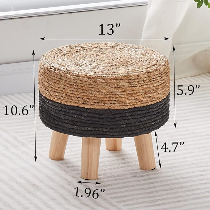 Wimarsbon Round Foot Stool Natural Seagrass Poufs Ottoman Hand Weave Footrest Stool for Couch Desk Extra Seat Step Stool with Solid Wood Legs for Hallway Patio Lounge Black