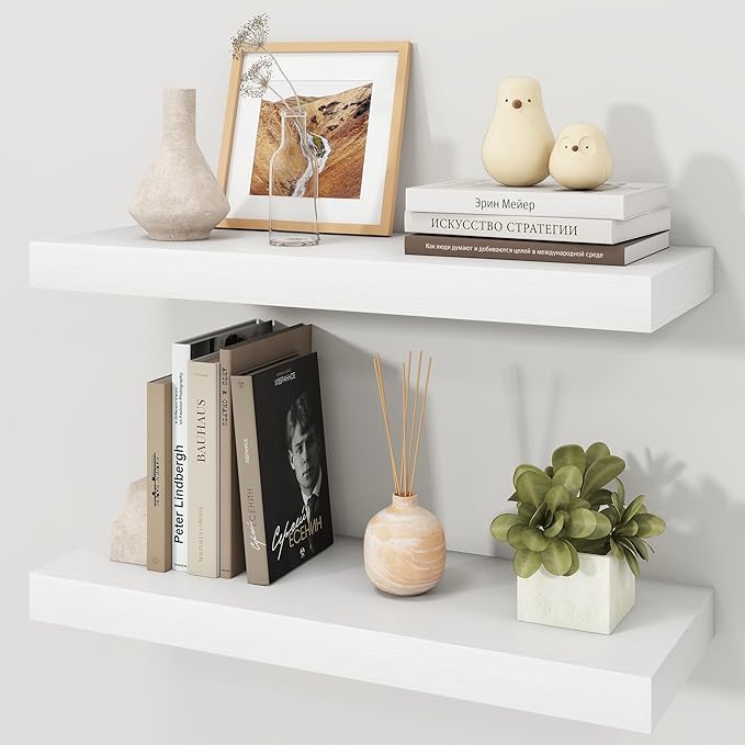 Floating Shelves for Wall, 9.3" Deep Wall Mounted Wood Shelves for Bathroom, Bedroom, Living Room, Kitchen, Hanging Shelf for Books/Storage/Room Decor (White, 24")