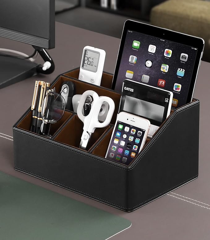 MEIBOOCH PU Leather Desk Organizer, Luxury Remote Control Holder for Home, Office Desk Accessories Table Caddy Bedside Nightstand Organizer (Black)