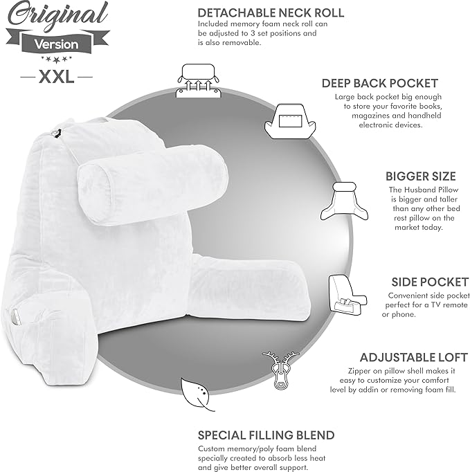 Husband Pillow XXL – Reading Pillow Bed Chair with Arms & Back Support – White - Back Pillow for Beds Sitting Up – Bed Rest Arm Pillow – Comfy Reading Pillow for Adults