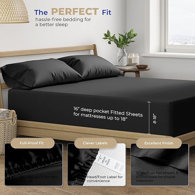 THREAD SPREAD 100% Cotton Bed Sheets Queen Set - 400 Thread Count Cotton Queen Sheets Only, 4 PC Set (Coal Black), Soft, Breathable, Cooling, Sateen Weave 16" Deep Pocket Bedsheet for Hot Sleepers