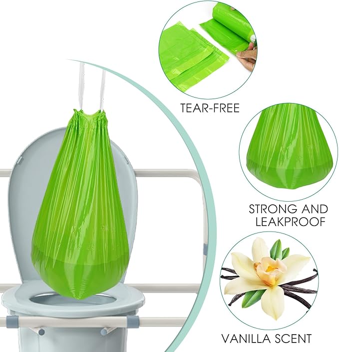 BOOWOO Bedside Commode Liners with Absorbent Pads,100 Disposable Commode Bags and 100 Pads, Scented Adult Potty Chair Liners, Portable Commode Poop Bags for Commode Chair, Bedpan, Bucket Toilet