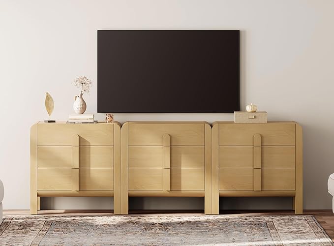 WAMPAT 3 in 1 9 Drawer Dresser for Bedroom, 94.5" Wide Mid Century Modern Wide Chest of Drawer, Wood Tall Nightstand with Curved Edge Handles, Closet Dresser TV Stand for Bedroom, Oak