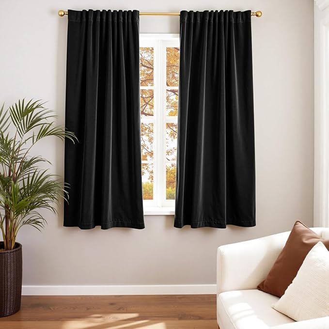 Lazzzy Velvet Blackout Curtains Thermal Insulated Room Window Drapes Super Soft Luxury Curtains for Living Room Bedroom Rod Pocket 2 Panels, Black, 52" W x 63" L