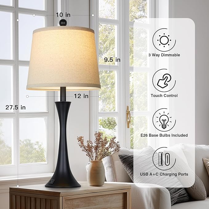 27.5" Black table Lamps for Living Room, Touch Control 3-Way Dimmable Bedside Nightstand Lamps Bedroom Lamp,Modern Black Table Lamp with USB A+C Ports,Tall Lamps for Living Room End Table（1Pack）