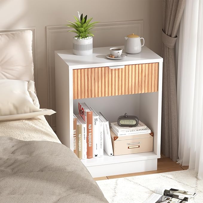 CMFYDAILY Fluted Night Stand Set 2, Large Wood Bedside Table Set of 2 Nightstands Set of 2 with Drawer and Storage Shelf for Bedroom, Small Spaces