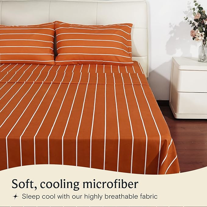 LuxClub 4 PC Sheet Set Bed Sheets Deep Pockets 16" Wrinkle Free Cooling Machine Washable Hotel Bedding Silky Soft - Striped-Autumn Orange California King