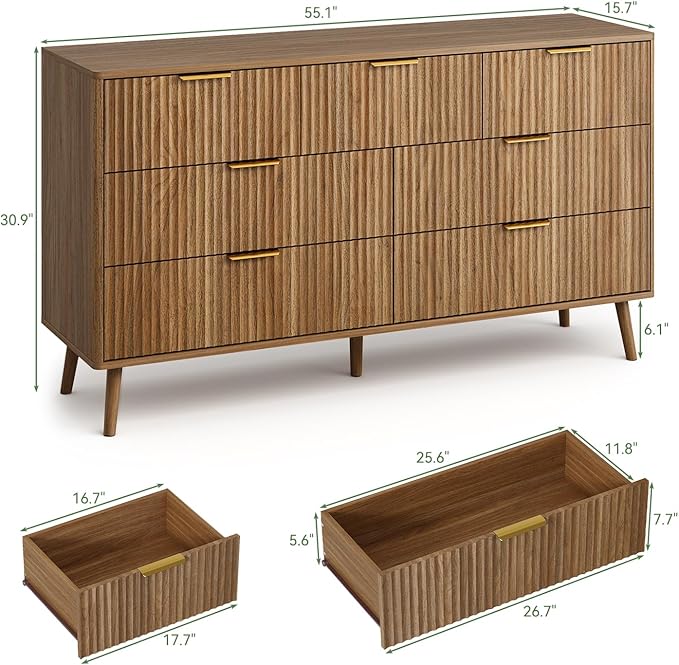LYNSOM 55" Wide Fluted Dresser for Bedroom with 7 Drawer, Modern Chest of Drawers with Curved Profile Design and Metal Handles, Wood Dresser TV Stand & Storage Organizer for Living Room, Walnut