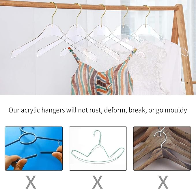 15 Pack Premium Quality Clear Acrylic Clothes Hangers - Clear & Gold Finish