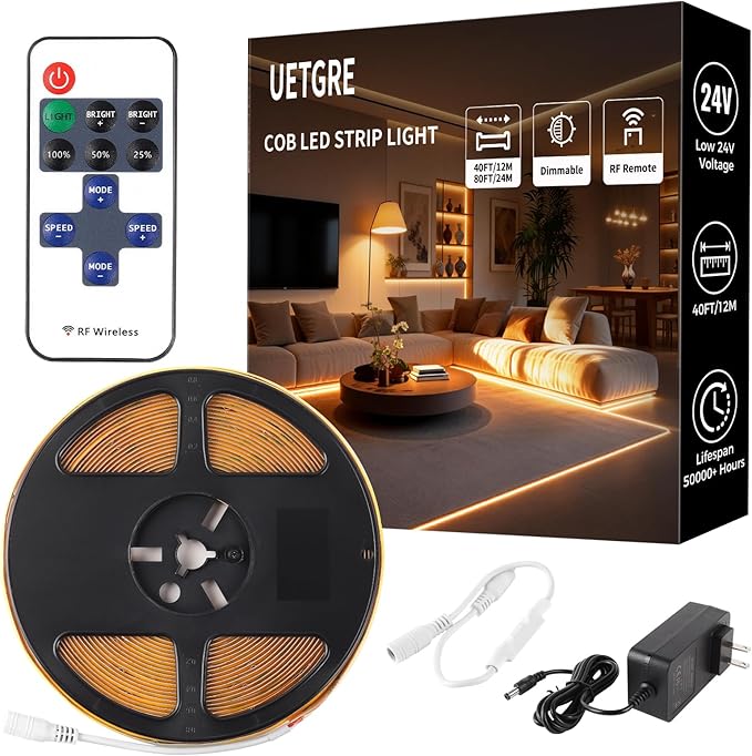 40Ft COB LED Strip Lights, Warm White 3000K Dimmable LED Light Strip with Remote, Seamless & No Strobe, Flexible & Cuttable, Complete Kit for Kitchen, Bedroom, Cabinet Lighting