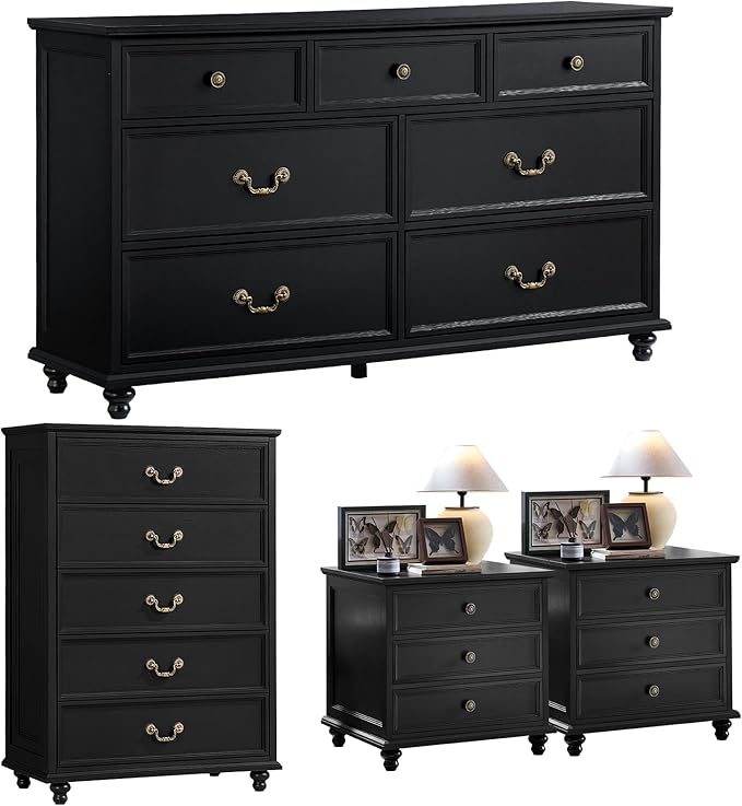 24" Wide Farmhouse Nightstand Set of 2, 54" 7 Drawers Dresser, 45" Tall Rustic Chests of 5 Drawers w/ 4 Solid Wood Feet, Farmhouse Furniture Series for Living Room,Bedroom,Black