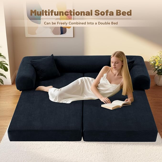Convertible Futon Sofa Bed,80" Folding Pull Out Couch Bed with Storage,Queen Sleeper Sofa Bed,Compressed Couch in a Box,Corduroy Boneless Couches for Living Room,Deep Blue