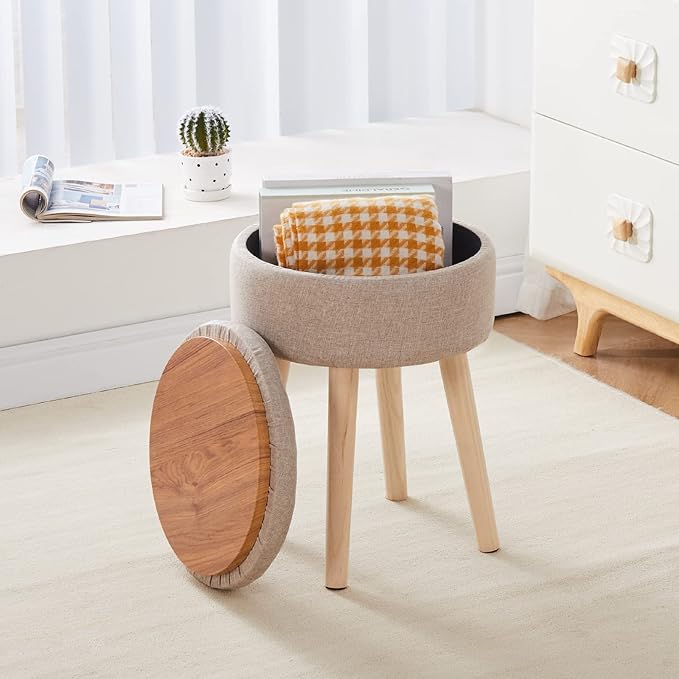 Mxfurhawa Storage Ottoman Linen Round Vanity Stool Tray Top Modern Foot Stool with Wood Legs Multifunctional Upholstered Foot Ottoman Rest for Living Room, Bathroom, Makeup (Khaki)
