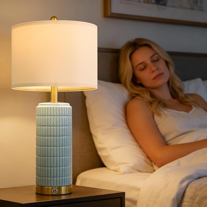 PoKat 25'' Bedside Table Lamps Set of 2 for Living Room, 3-Way Dimmable Touch Lamps for Bedroom, Modern Lamps for Nightstand with USB Ports, Coastal Blue Lamp for Office Sideboard (Bulbs Included)