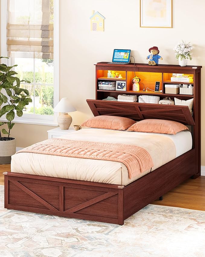 AOGLLATI Farmhouse Twin Bed Frame with Lift Up Storage & Hidden Bookcase Storage Headbord, Wood Bed Frame Twin with Charging Station, Led Lights, No Box Spring Needed, Brown
