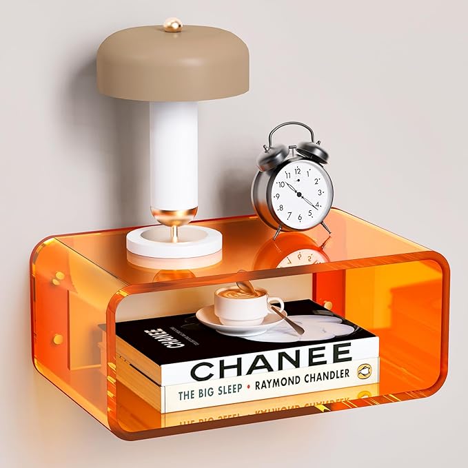 Acrylic Floating Nightstand, Bedside Table, Nightstand Shelf Wall Mounted Bedside Shelf (Orange, Small)